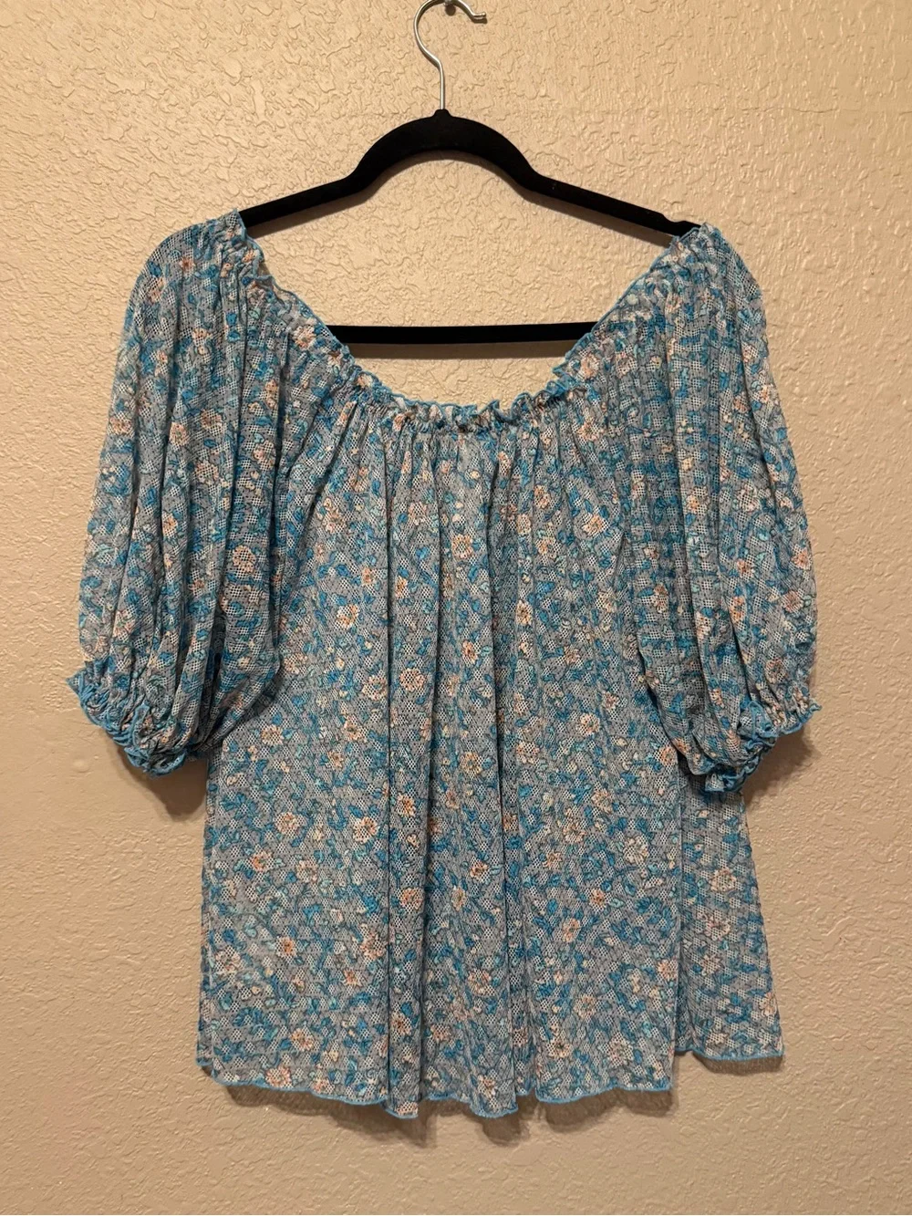 Free People Astra Floral Puff-Sleeve Peasant Top in Light Blue